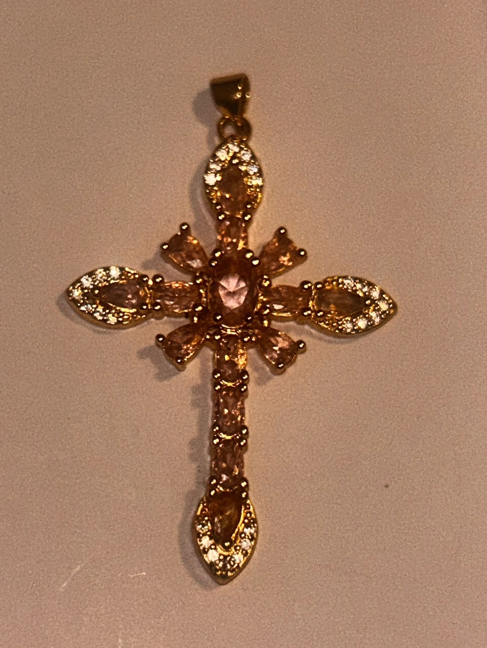 Gold Cross Pendant Necklace with Light Pink Crystals